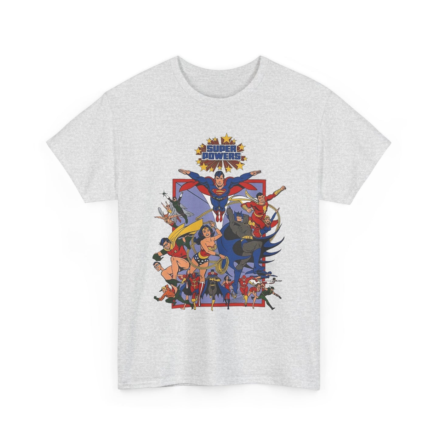 Super Powers T-Shirt - Superman, Flash, Wonder Woman, Batman, Batgirl, Robin, Plastic Man, Aquaman, Hawkman, Supergirl - 1980s Kenner Toy Line - Retro DC Comics