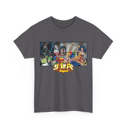 Justice League T-Shirt - Kevin Maguire Art - Superman, Wonder Woman, Batman, Flash, Aquaman, Martian Manhunter, Green Lantern - 90s Lineup - DC Comics