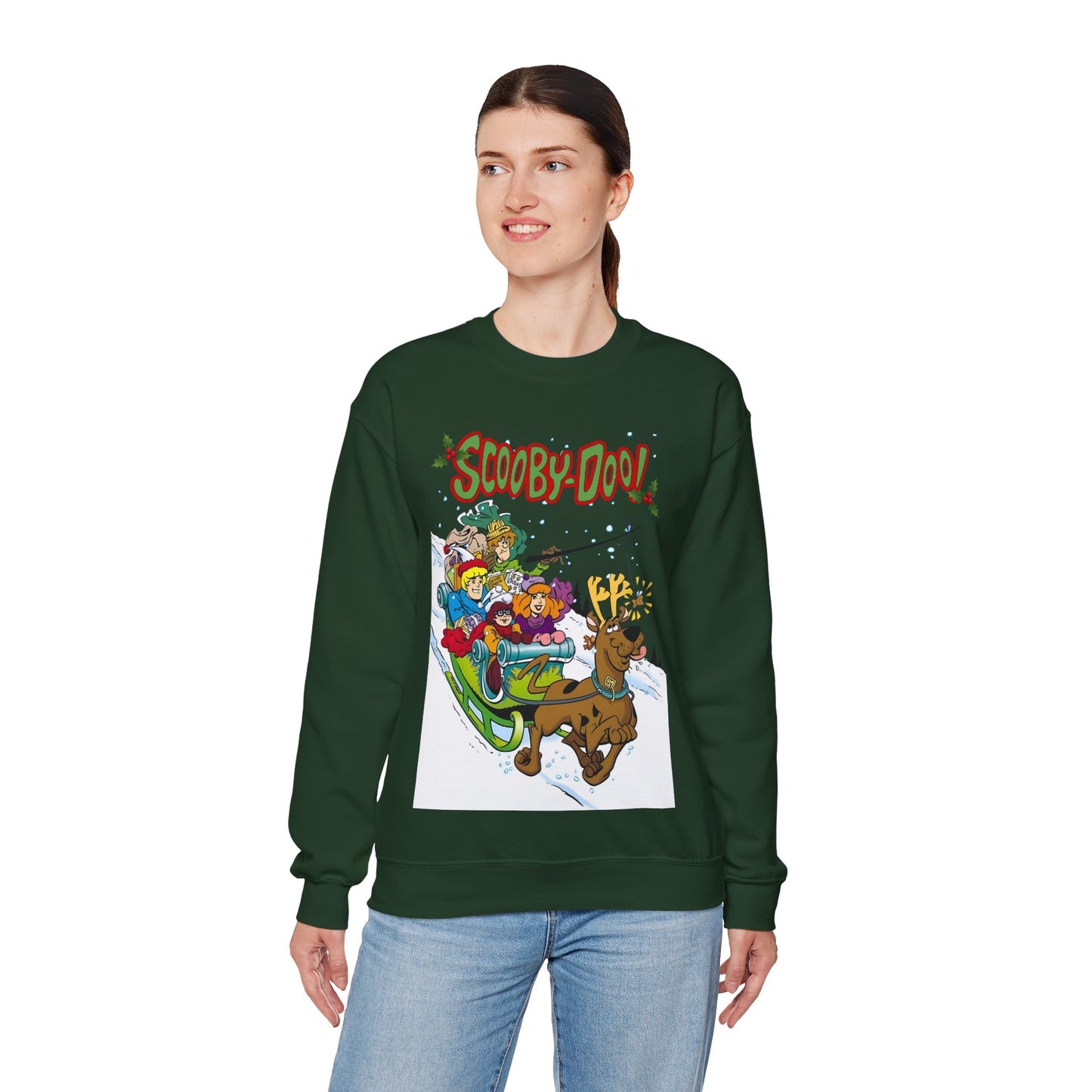 Scooby Doo Christmas Crewneck Sweatshirt - Shaggy, Daphne, Velma, Fred Sleighing Through the Snow