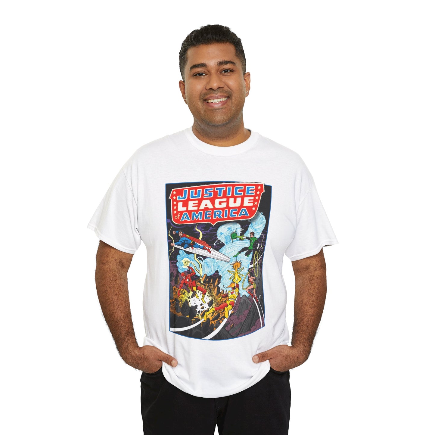 Justice League T-Shirt - George Perez Art - Tornado Tyrant - Superman, Firestorm, Flash, Wonder Woman, Green Lantern - DC Comics
