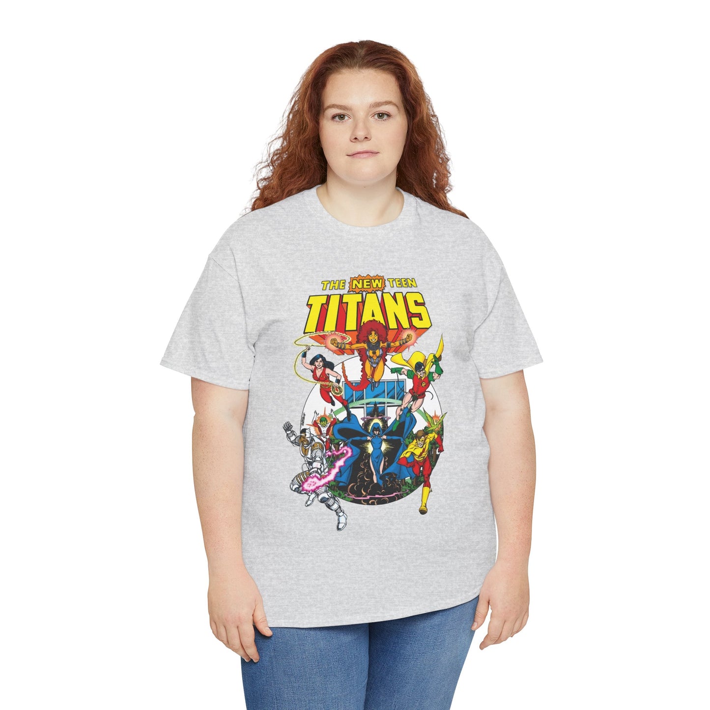 New Teen Titans T-Shirt - Classic George Perez Art - Cyborg, Raven, Starfire, Robin, Wonder Girl, Changeling, Kid Flash - Titans Tower - Popular DC Comics 1980s Series