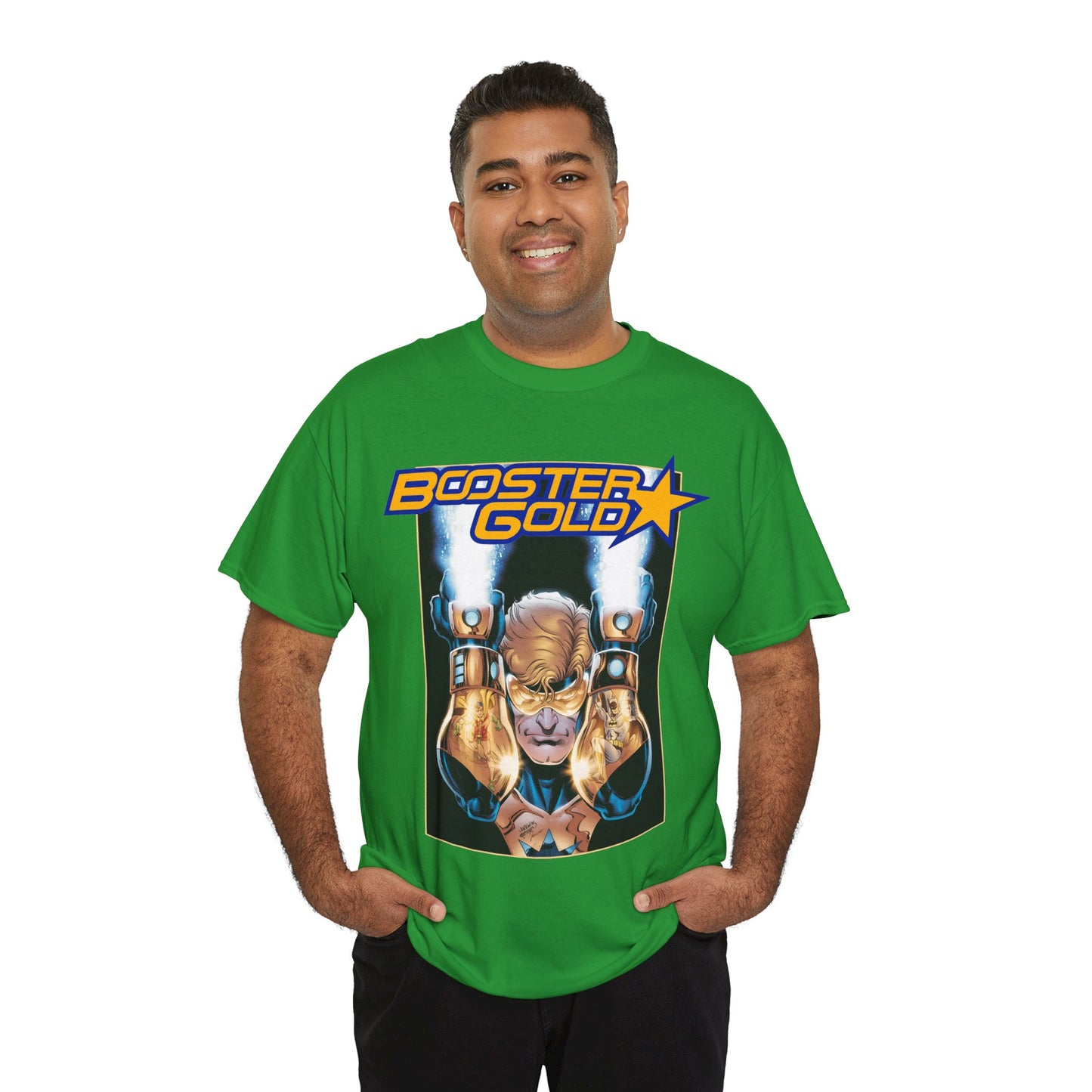 Booster Gold T-Shirt - Dan Jurgens Art - Batman & Robin in His Gauntlets - DC Comics