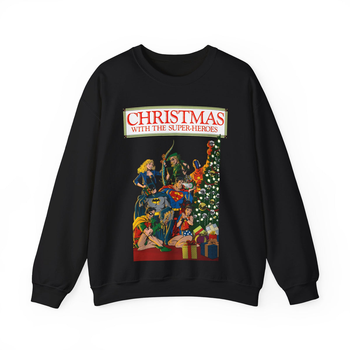 Christmas With the DC Super-Heroes Heavy Blend Crewneck Sweatshirt - Superman, Batman, Green Arrow, Black Canary - Festive Holiday Shirt