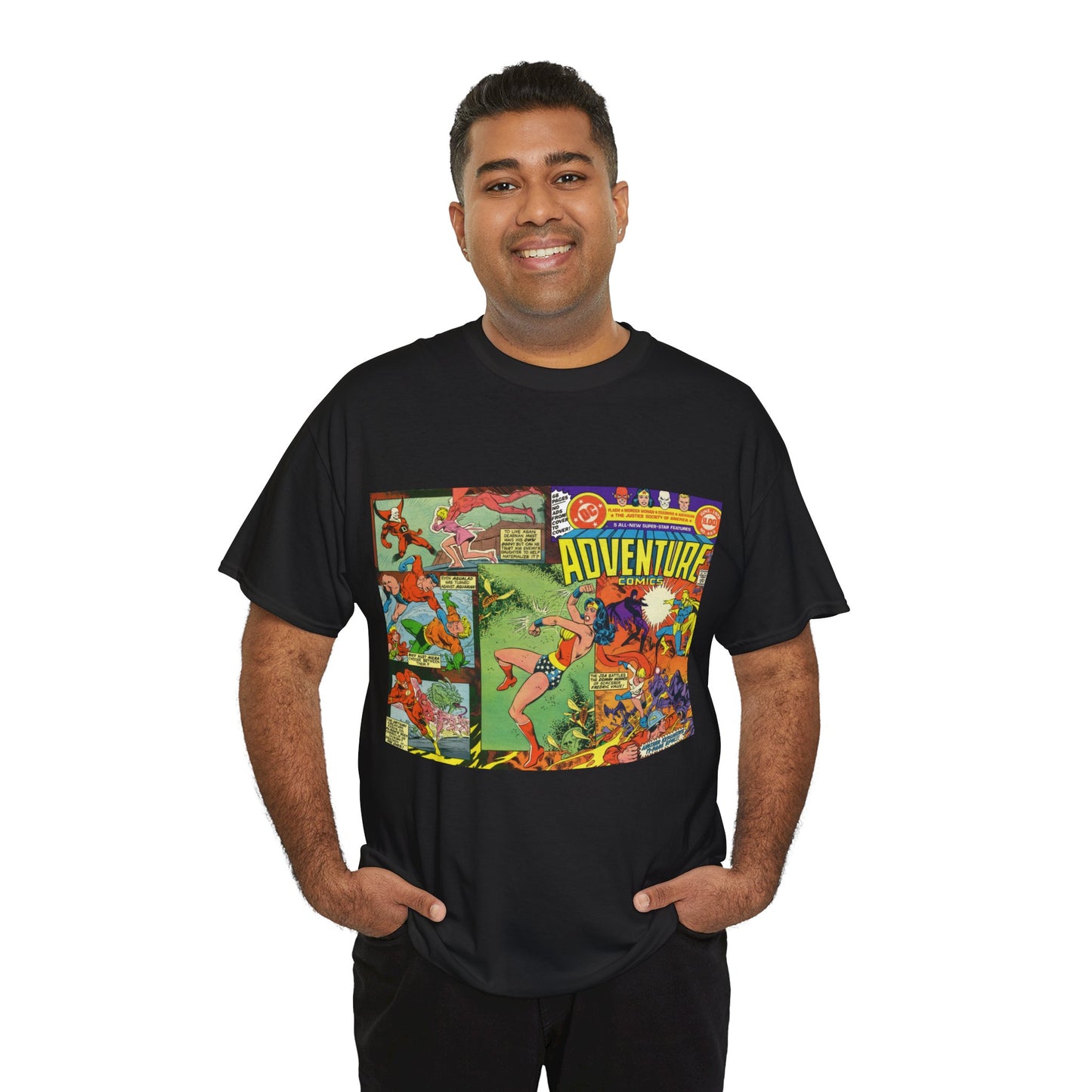 Adventure Comics #463 T-Shirt - Wonder Woman, Dr Fate, Power Girl, Deadman, Aquaman, Aqualad, Flash - DC Comics