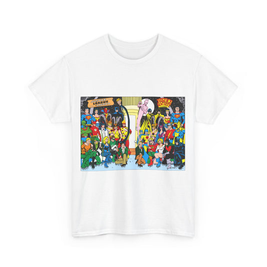 JLA & JSA T-Shirt - George Perez Art - Justice League, Society Team-up - Batman, Wildcat, Dr Fate, Hourman, Firestorm, Superman
