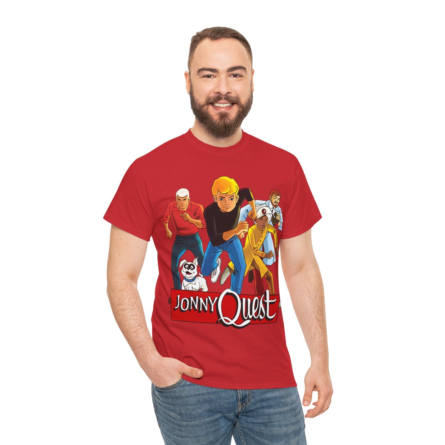 Jonny Quest T-Shirt - Popular Hanna-Barbera Cartoon Characters from the 1960s Adventure TV Show - Dr Benton, Hadji, Race Bannon, Bandit the Dog