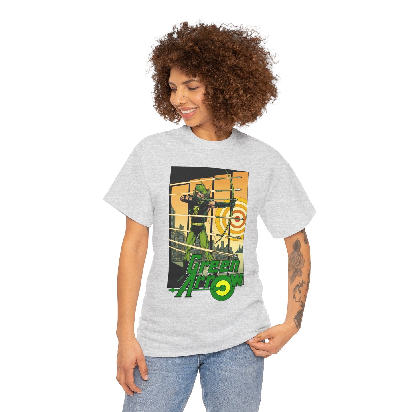 Green Arrow T-Shirt - George Perez Art - 1980s Justice League Postcard Art - JLA - DC Comics