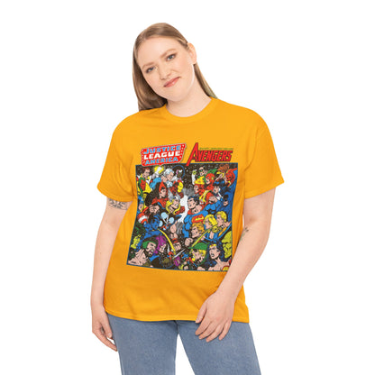 Justice League/Avengers T-Shirt - DC & Marvel Comics Art - George Perez - JLA - Batman, Captain America, Iron Man, Green Lantern