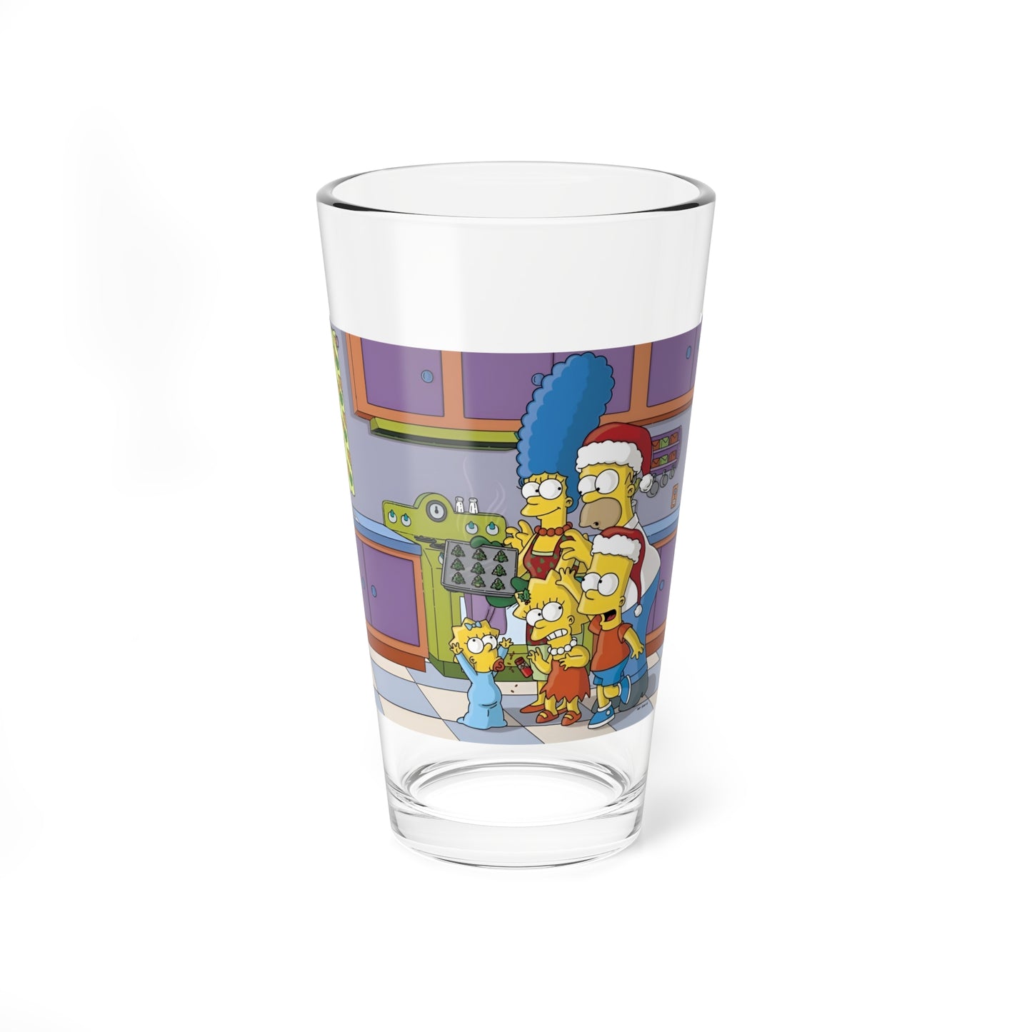 Clear pint glass with 'The Simpsons' character design on a white background