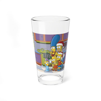 Clear pint glass with 'The Simpsons' character design on a white background