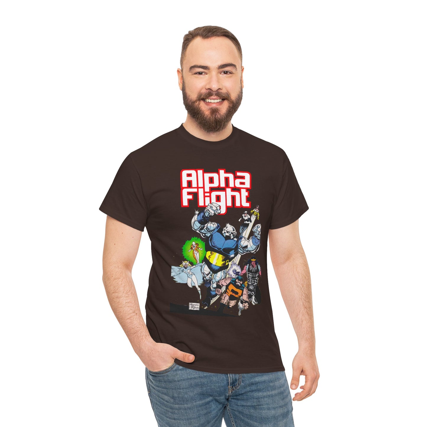 Alpha Flight T-Shirt - Mike Mignola Art - Shaman, Snowbird, Northstar, Aurora, Box, Vindicator, Puck - Canada's Super-Team - Marvel Comics
