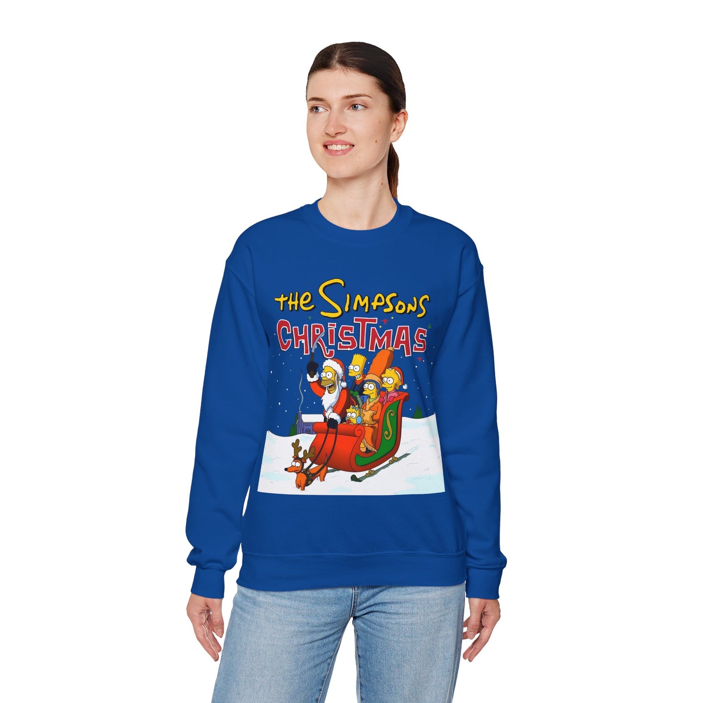 Simpsons Family Christmas Crewneck Sweatshirt - Homer, Marge, Bart, Lisa, Maggie - Riding a Christmas Sleigh Through the Winter Snow