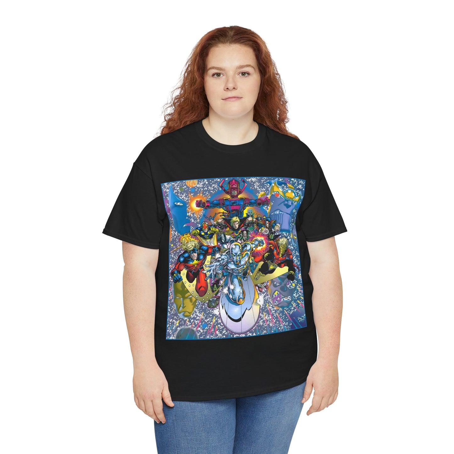 Marvel Cosmic Heroes T-Shirt - Silver Surfer, Captain Marvel, Adam Warlock, Quasar, Nova, Galactus, Jack of Hearts, Moondragon, Thanos