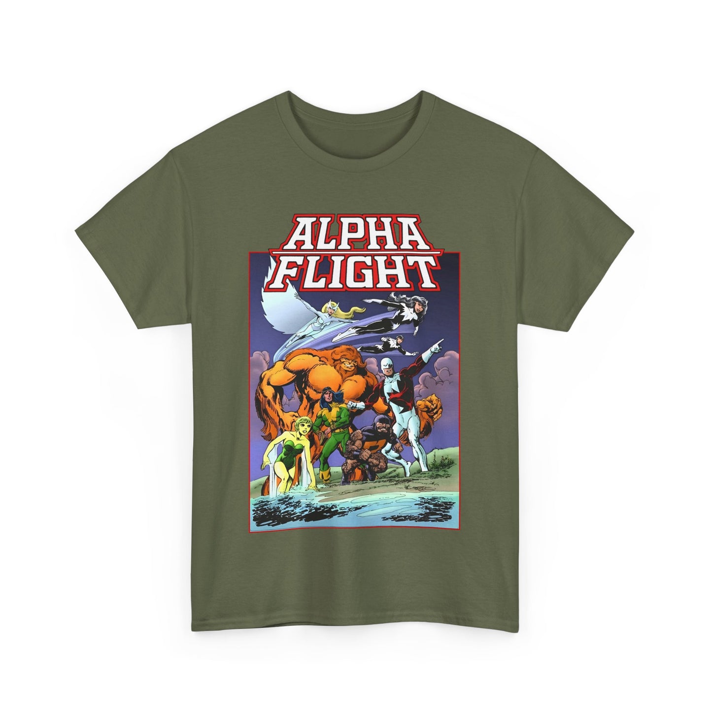 Alpha Flight T-Shirt - John Byrne Art - Guardian, Aurora, Northstar, Shaman, Snowbird, Puck - Marvel Comics - Canada's Super-Team