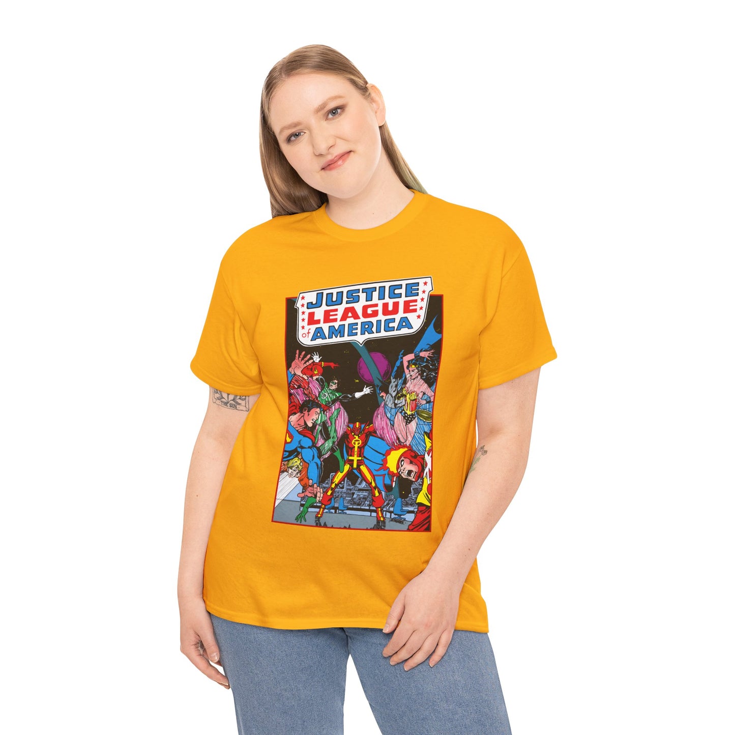 Justice League of America T-Shirt - George Perez Art - 1980s Satellite Era - Superman, Wonder Woman, Firestorm, Green Lantern, Batman - DC Comics