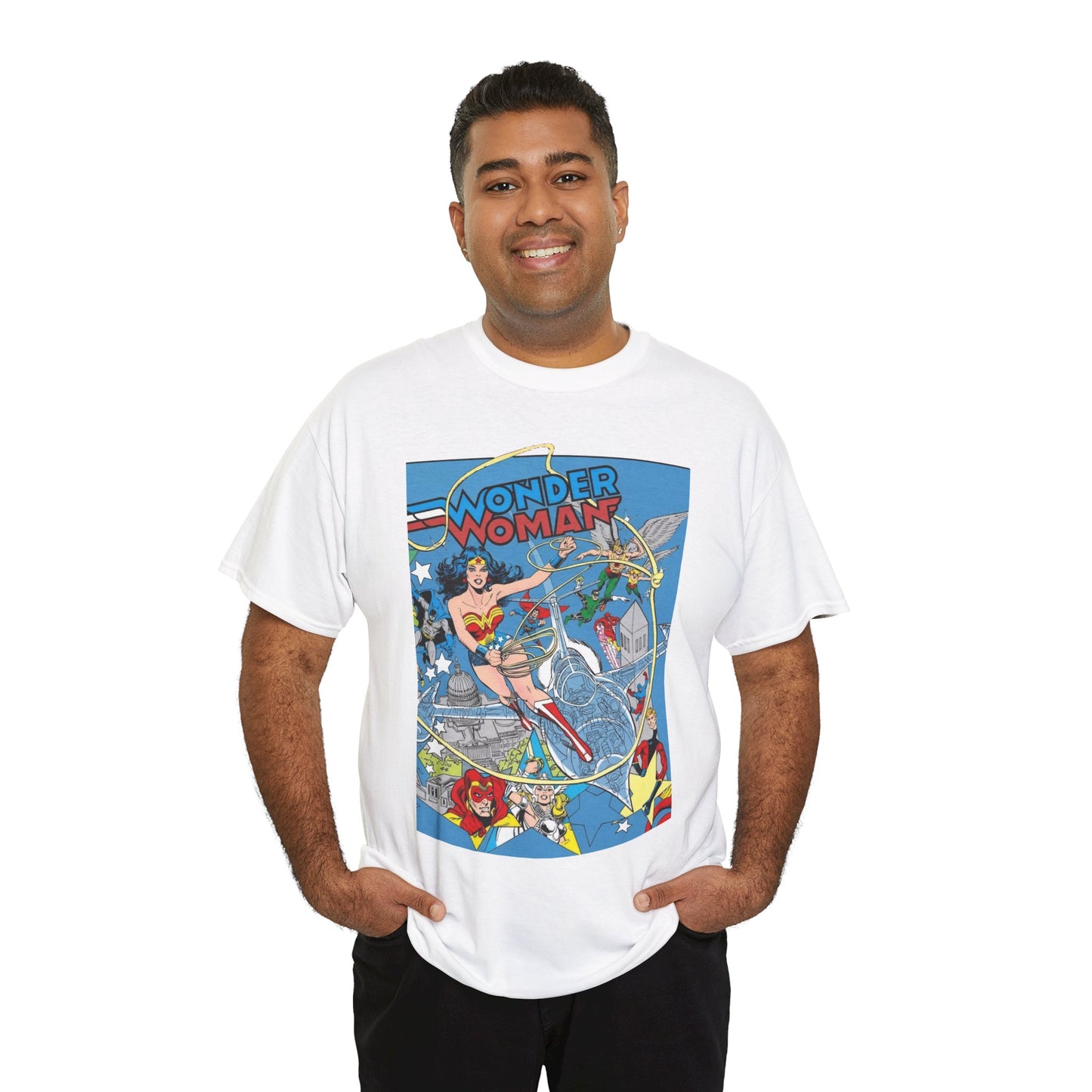 Wonder Woman T-Shirt - Ed Hannigan Art - #300 Cover Art - Hawkman, Green Lantern, Elongated Man, Sandman - DC Comics