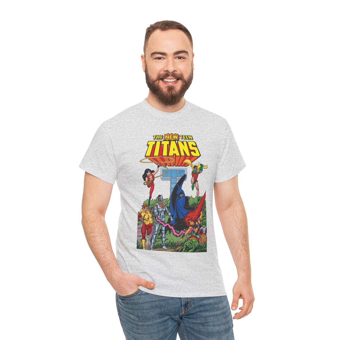 New Teen Titans T-Shirt - George Perez Art - Robin, Wonder Girl, Cyborg, Raven, Changeling, Starfire, Kid Flash - Titans Tower - DC Comics