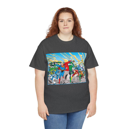 Justice League America/Europe T-Shirt - Dan Jurgens Art - Superman, Blue Beetle, Booster Gold, Green Lantern, Aquaman, Power Girl, Guy Gardner, Flash - DC Comics