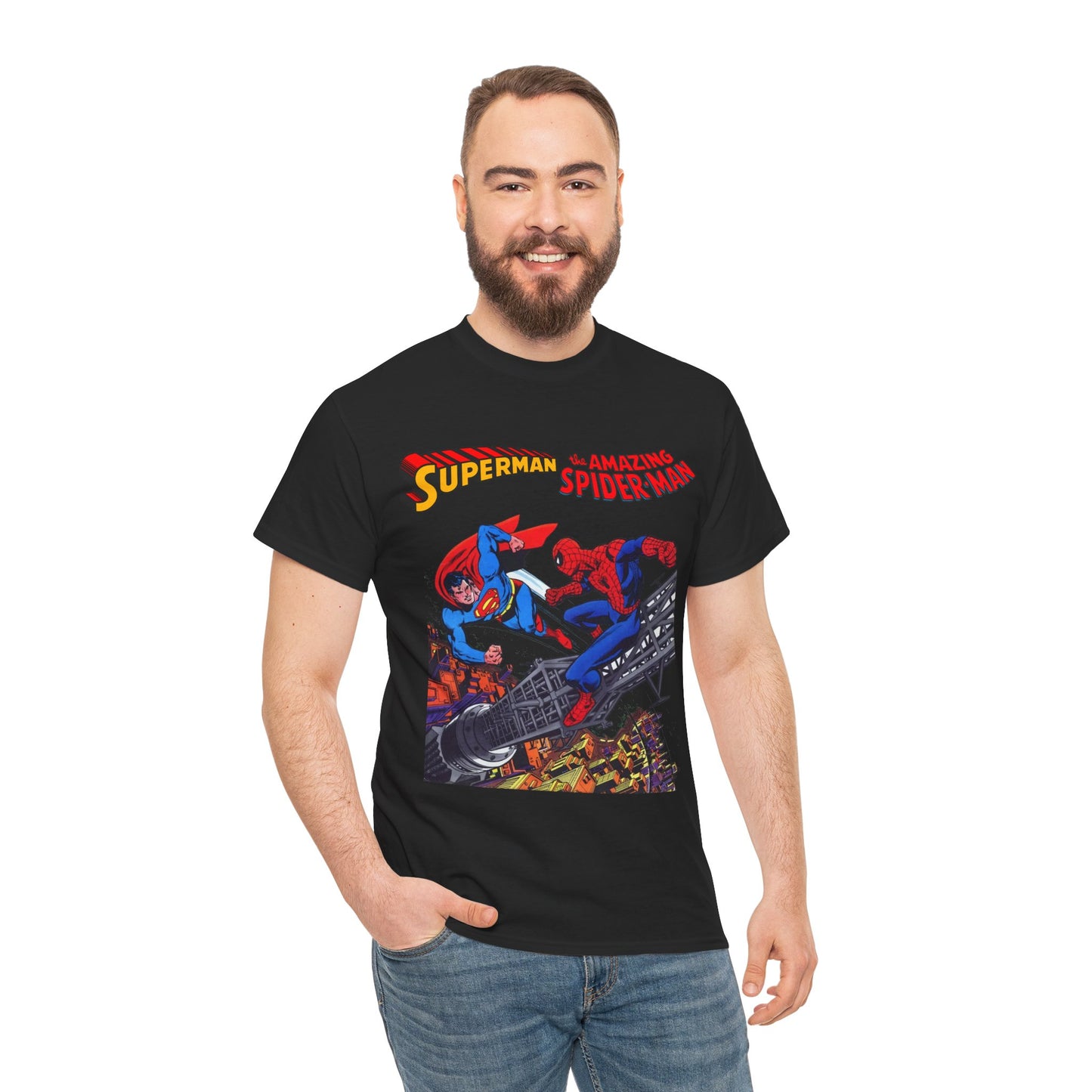 Superman & Amazing Spider-Man T-Shirt - DC/Marvel Comics Crossover - 1970s - Clark Kent & Peter Parker