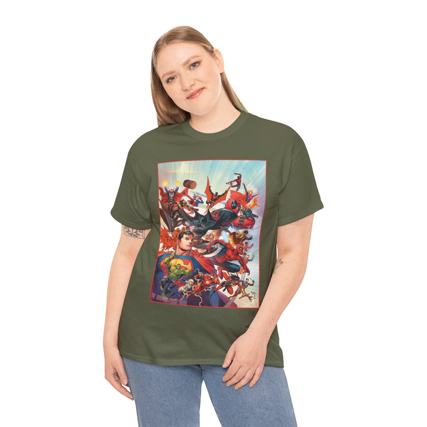 DC/Marvel T-Shirt - The Cosmic Kiss Caper & Other Stories Cover Art - Superman, Deadpool, Spider-Man, Harley Quinn, Batman Beyond, Static, Dr. Strange - DC Comics/Marvel