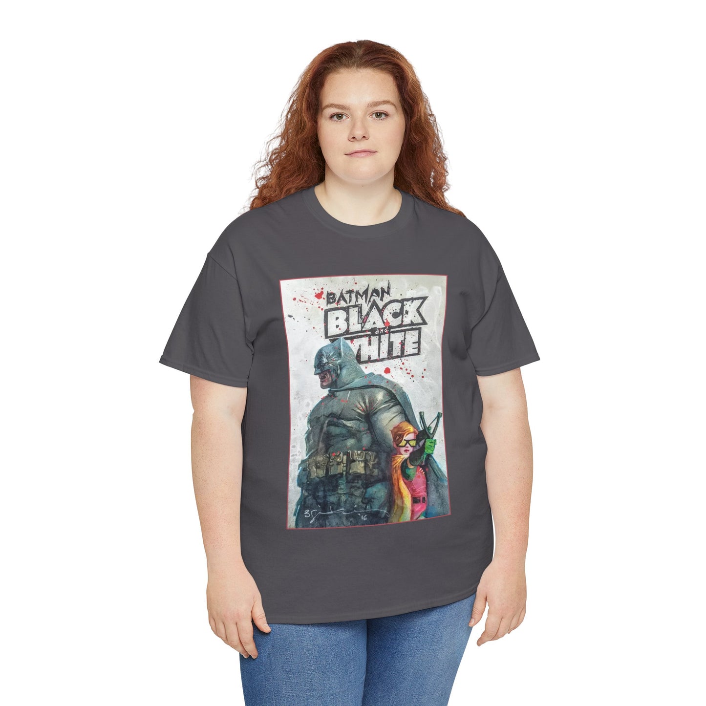 Batman: Black & White T-Shirt - Bill Sienkiewicz Art - Dark Knight Returns - Batman & Robin (Carrie Kelley) - DC Comics