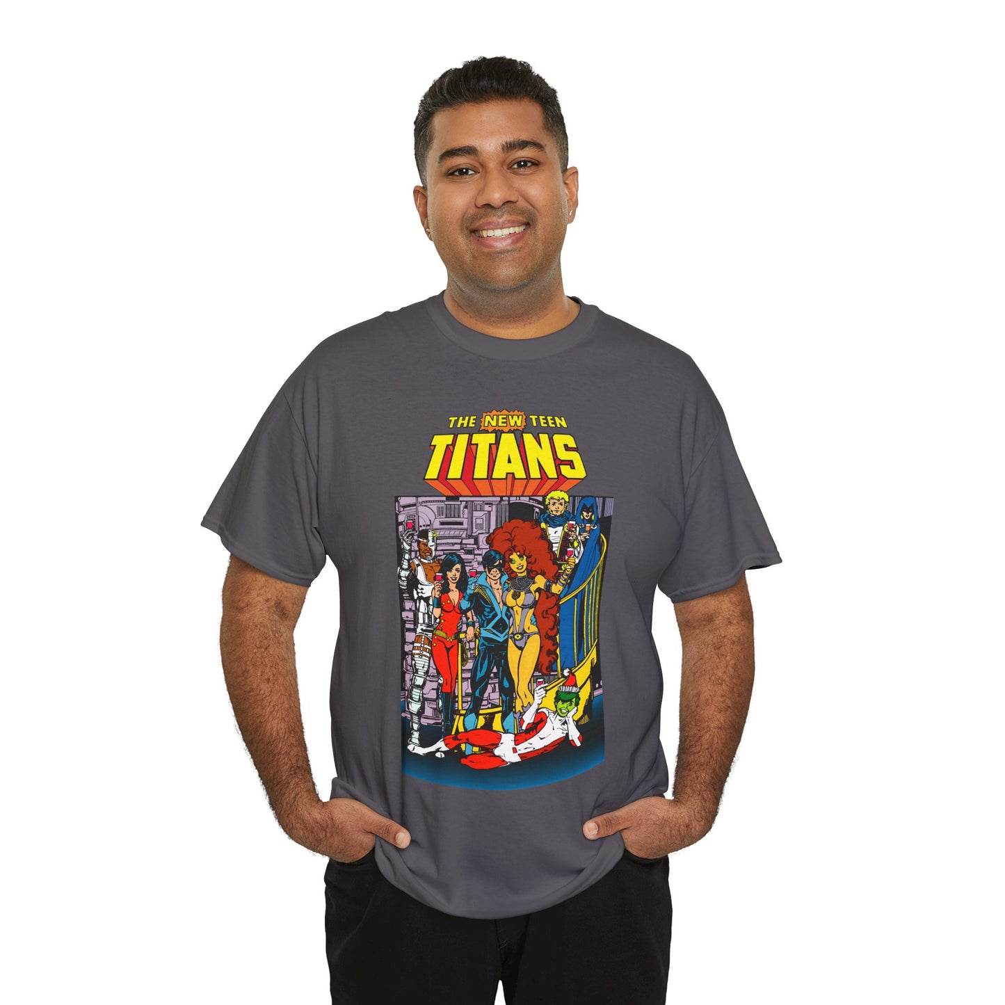 New Teen Titans T-Shirt - George Perez Art - Nightwing, Cyborg, Raven, Starfire, Wonder Girl, Changeling, Jericho - Titans Tower - DC Comics