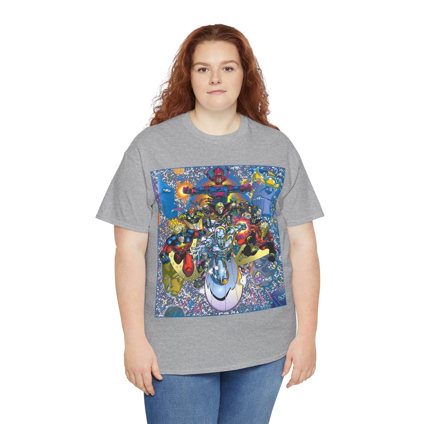 Marvel Cosmic Heroes T-Shirt - Silver Surfer, Captain Marvel, Adam Warlock, Quasar, Nova, Galactus, Jack of Hearts, Moondragon, Thanos