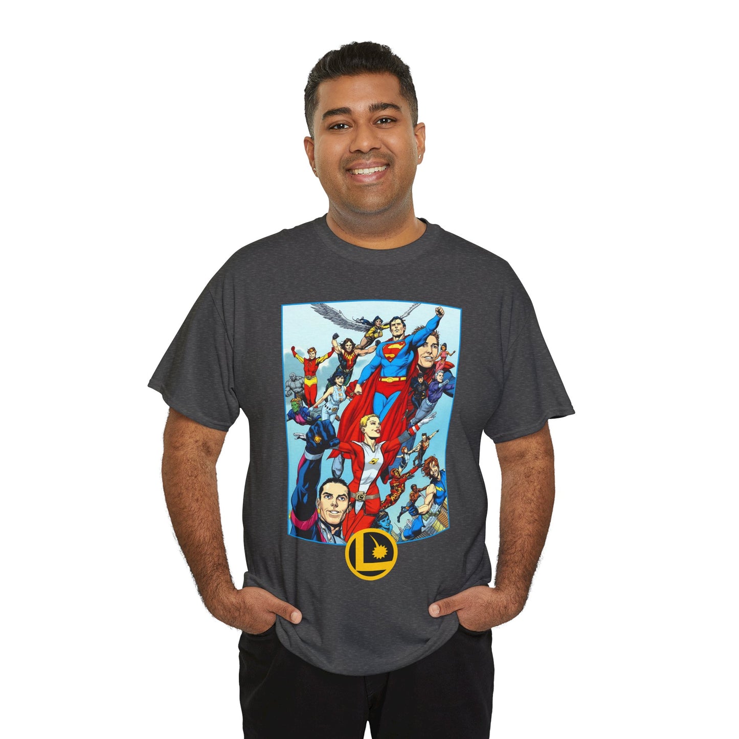 Legion of Super-Heroes T-Shirt - Gary Frank Art - Superman, Saturn Girl, Cosmic Boy, Dawnstar, Brainiac 5, Phantom Girl, Wildfire, Blok, Lightning Lad, Timber Wolf - LOSH - DC Comics