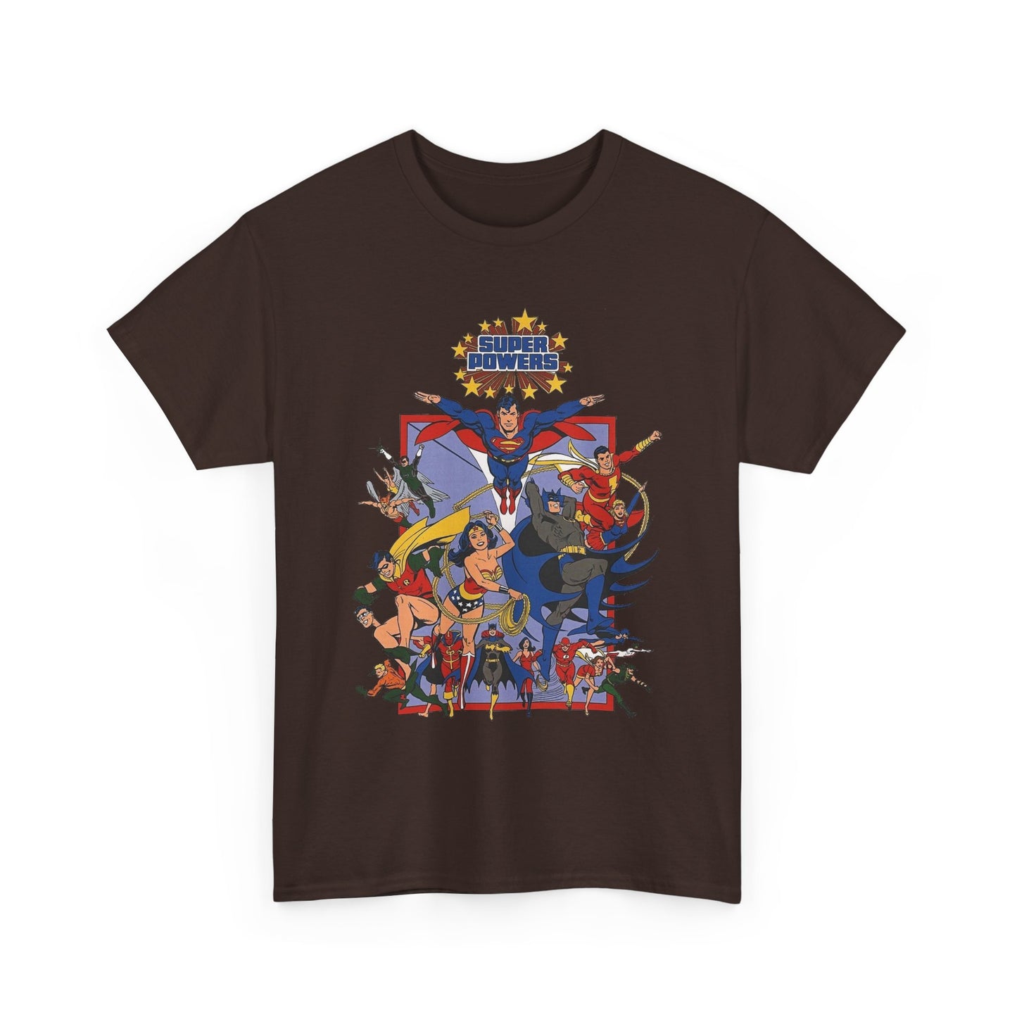 Super Powers T-Shirt - Superman, Flash, Wonder Woman, Batman, Batgirl, Robin, Plastic Man, Aquaman, Hawkman, Supergirl - 1980s Kenner Toy Line - Retro DC Comics