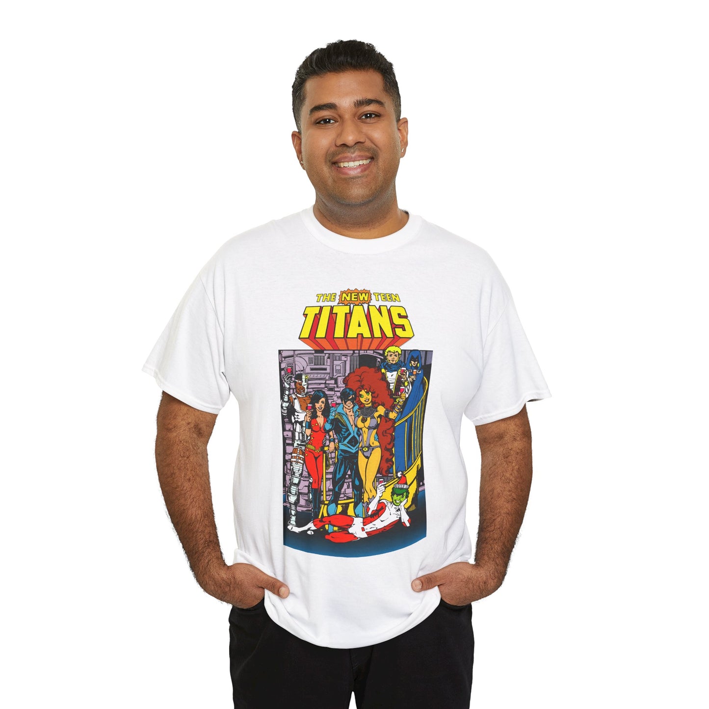 New Teen Titans T-Shirt - George Perez Art - Nightwing, Cyborg, Raven, Starfire, Wonder Girl, Changeling, Jericho - Titans Tower - DC Comics