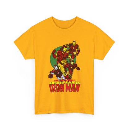 Yellow t-shirt with Iron Man graphic on a white background