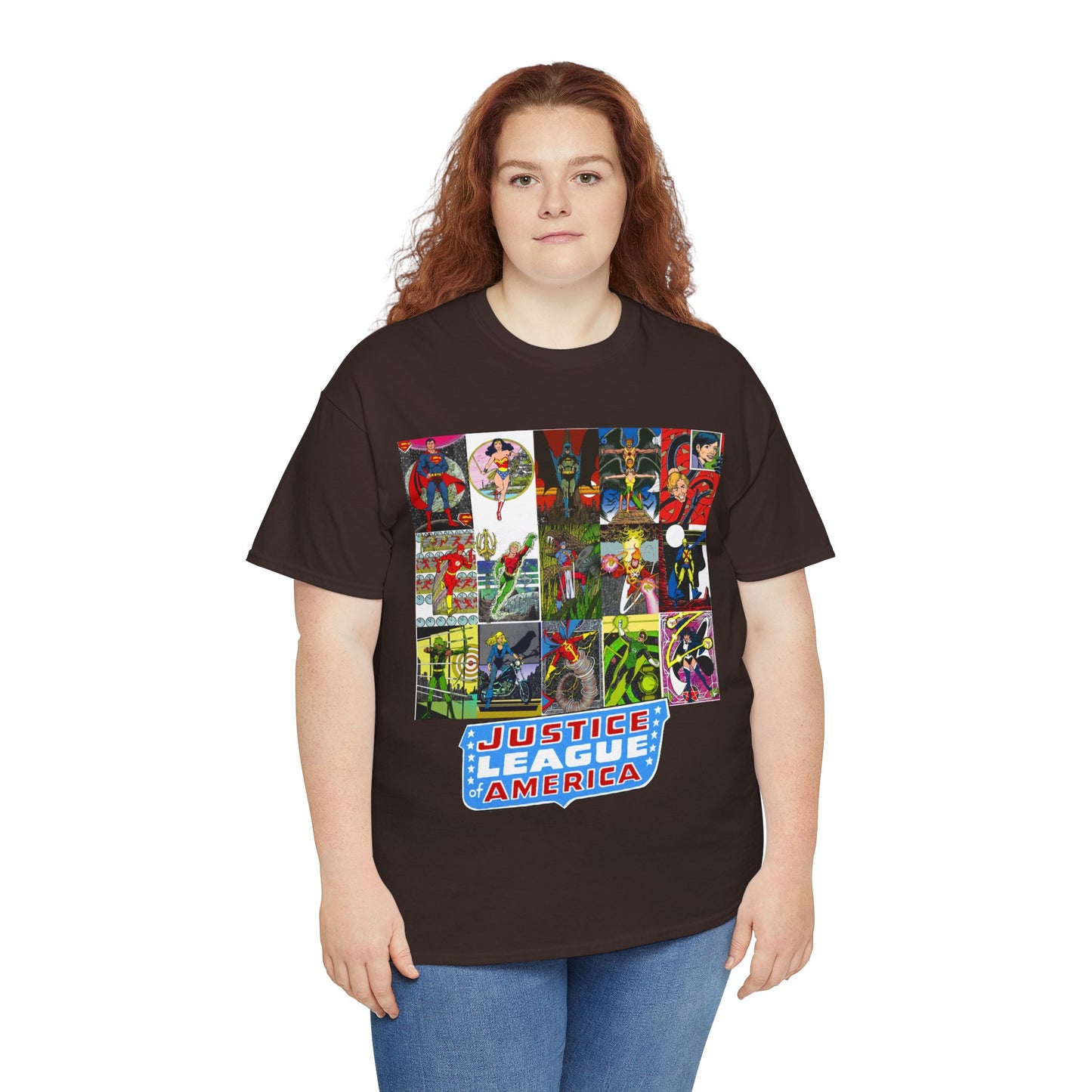 JLA Postcard T-Shirt - George Perez Art - Zatanna, Green Lantern, Flash, Batman, Hawkman, Wonder Woman, Firestorm - Justice League of America - DC Comics