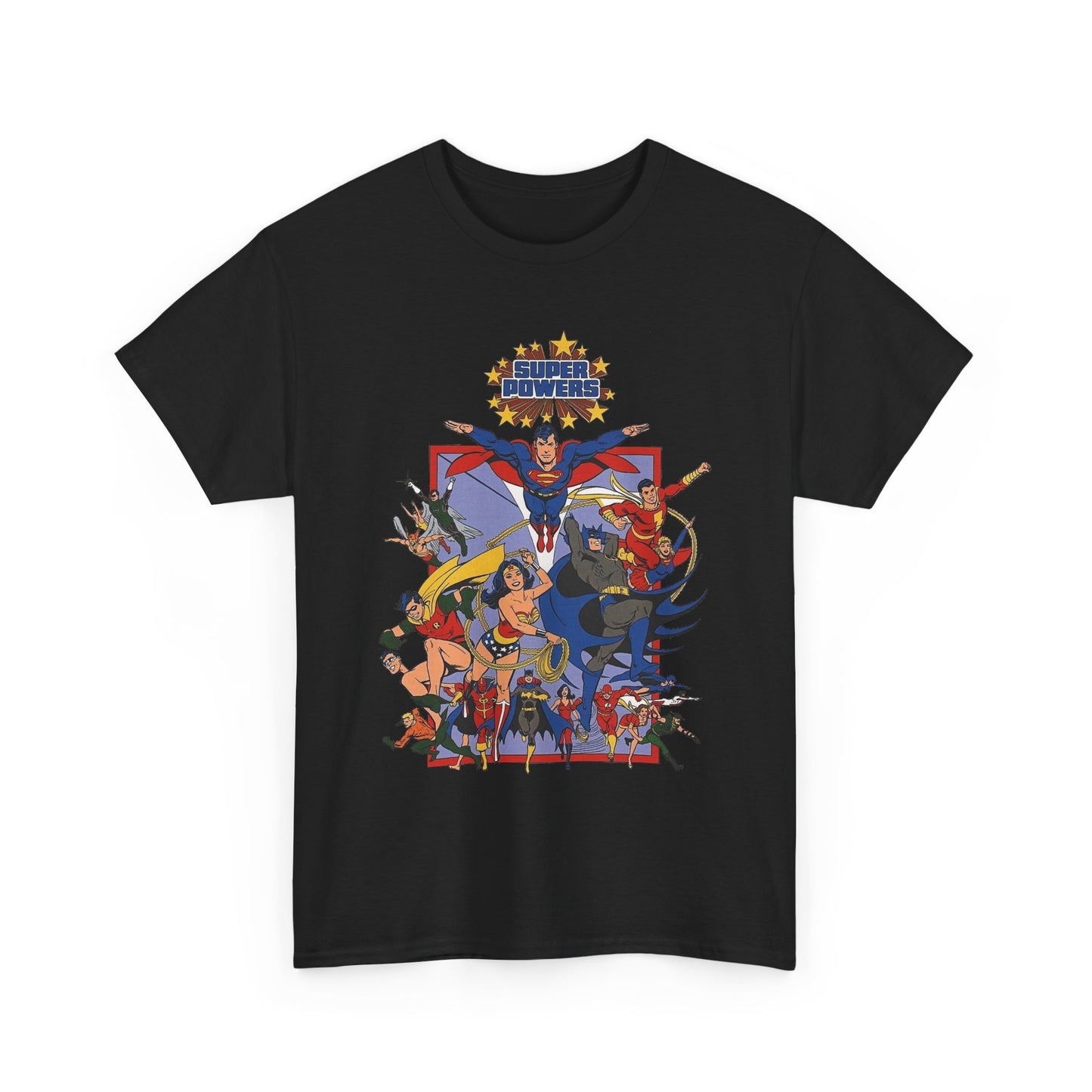Super Powers T-Shirt - Superman, Flash, Wonder Woman, Batman, Batgirl, Robin, Plastic Man, Aquaman, Hawkman, Supergirl - 1980s Kenner Toy Line - Retro DC Comics