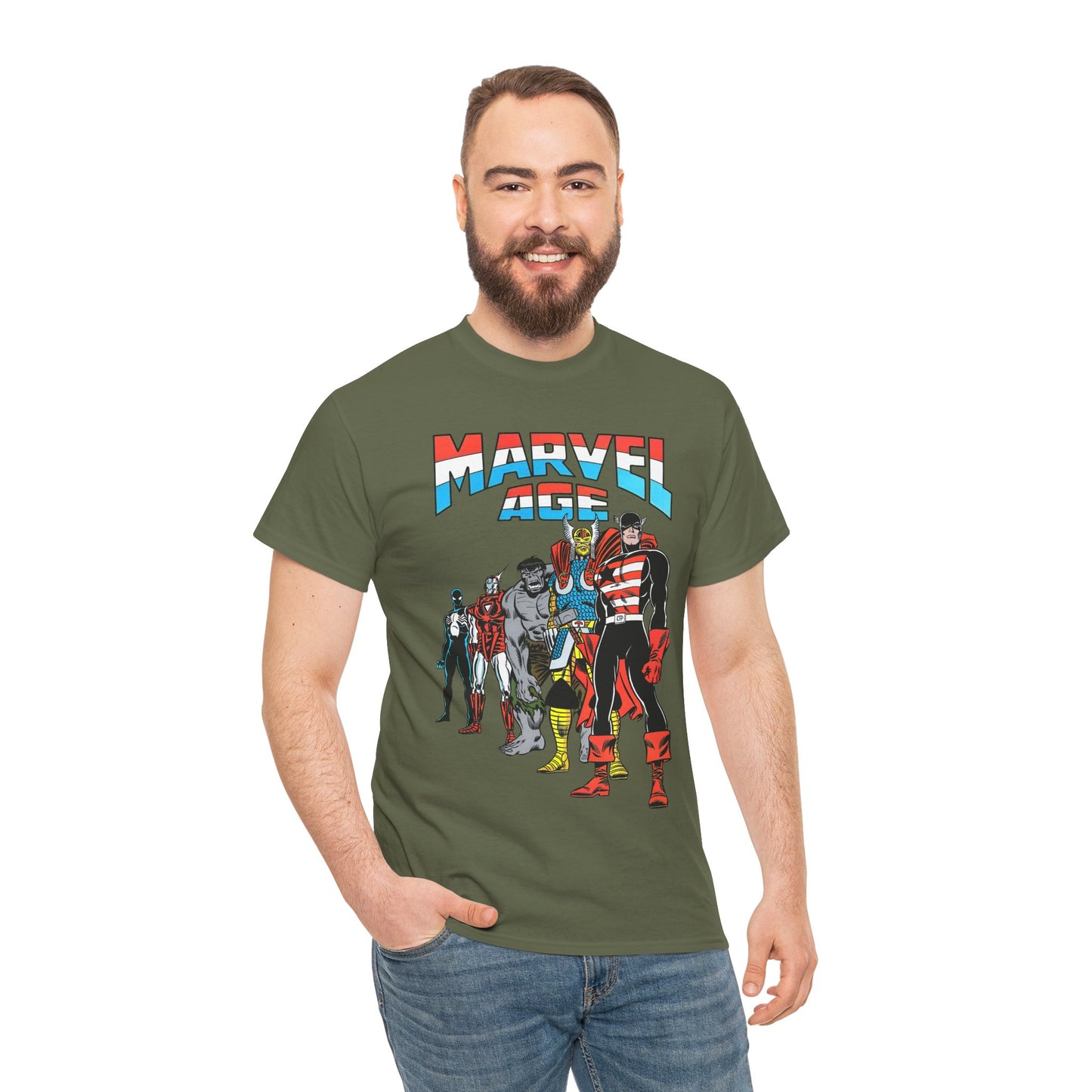 Marvel Age T-Shirt - Captain America, Thor, Incredible Hulk, Iron Man, Spider-Man - New Looks for the 80s