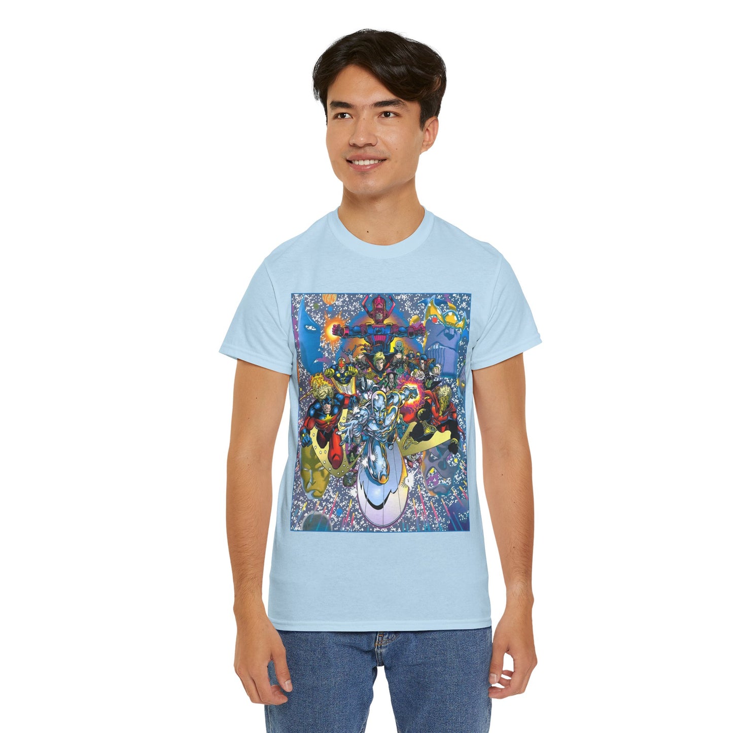 Marvel Cosmic Heroes T-Shirt - Silver Surfer, Captain Marvel, Adam Warlock, Quasar, Nova, Galactus, Jack of Hearts, Moondragon, Thanos