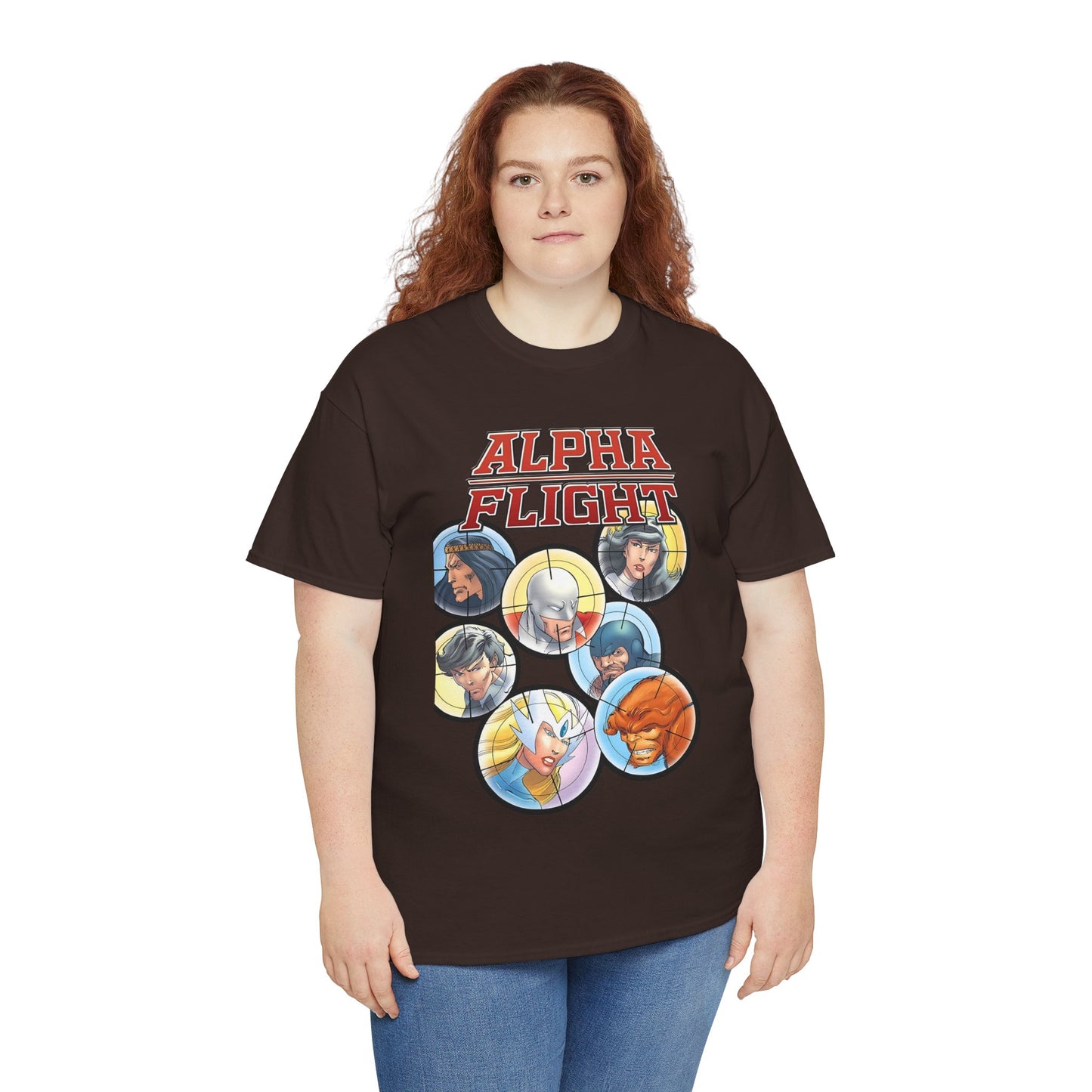 Alpha Flight T-Shirt - John Byrne Art - Guardian, Aurora, Northstar, Sasquatch, Shaman, Puck, Snowbird - Canada's Super Heroes - Marvel Comics