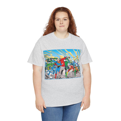 Justice League America/Europe T-Shirt - Dan Jurgens Art - Superman, Blue Beetle, Booster Gold, Green Lantern, Aquaman, Power Girl, Guy Gardner, Flash - DC Comics