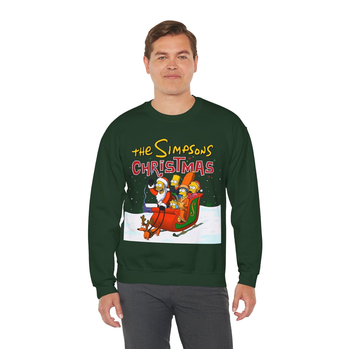 Simpsons Family Christmas Crewneck Sweatshirt - Homer, Marge, Bart, Lisa, Maggie - Riding a Christmas Sleigh Through the Winter Snow