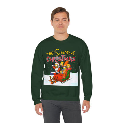 Simpsons Family Christmas Crewneck Sweatshirt - Homer, Marge, Bart, Lisa, Maggie - Riding a Christmas Sleigh Through the Winter Snow