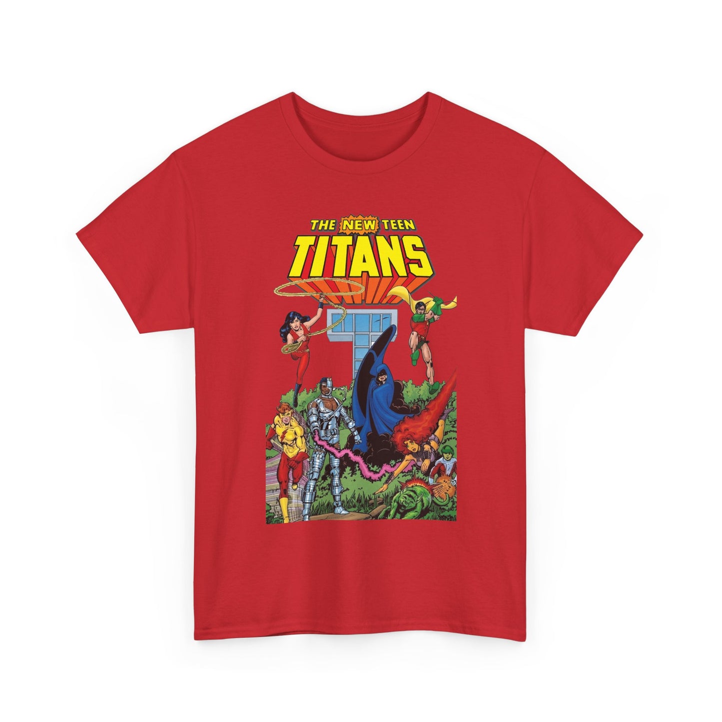 New Teen Titans T-Shirt - George Perez Art - Robin, Wonder Girl, Cyborg, Raven, Changeling, Starfire, Kid Flash - Titans Tower - DC Comics