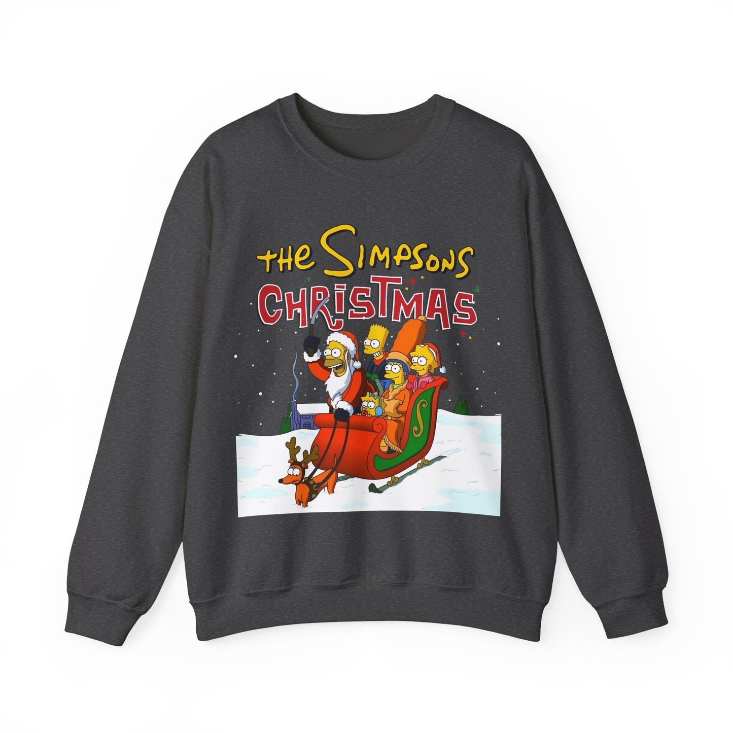 Simpsons Family Christmas Crewneck Sweatshirt - Homer, Marge, Bart, Lisa, Maggie - Riding a Christmas Sleigh Through the Winter Snow