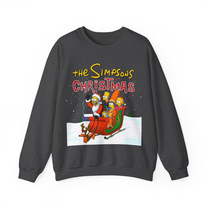 Simpsons Family Christmas Crewneck Sweatshirt - Homer, Marge, Bart, Lisa, Maggie - Riding a Christmas Sleigh Through the Winter Snow