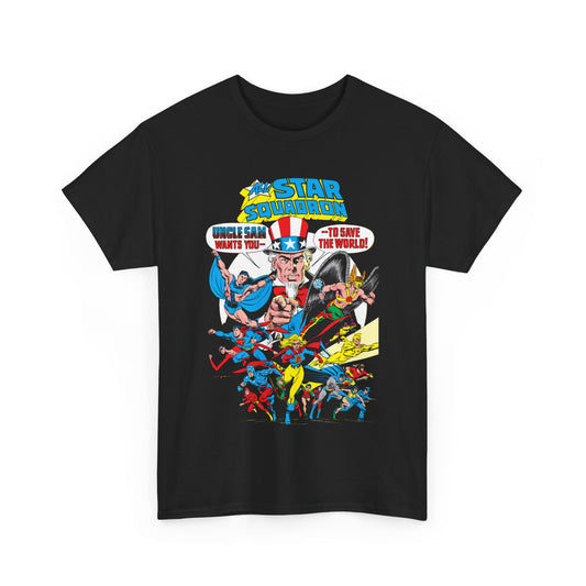 All-Star Squadron T-Shirt - Jerry Ordway Art - Uncle Sam, Hawkman, Superman, Liberty Belle, Black Condor, the Ray, Batman, Plastic Man - JSA Link - DC Comics