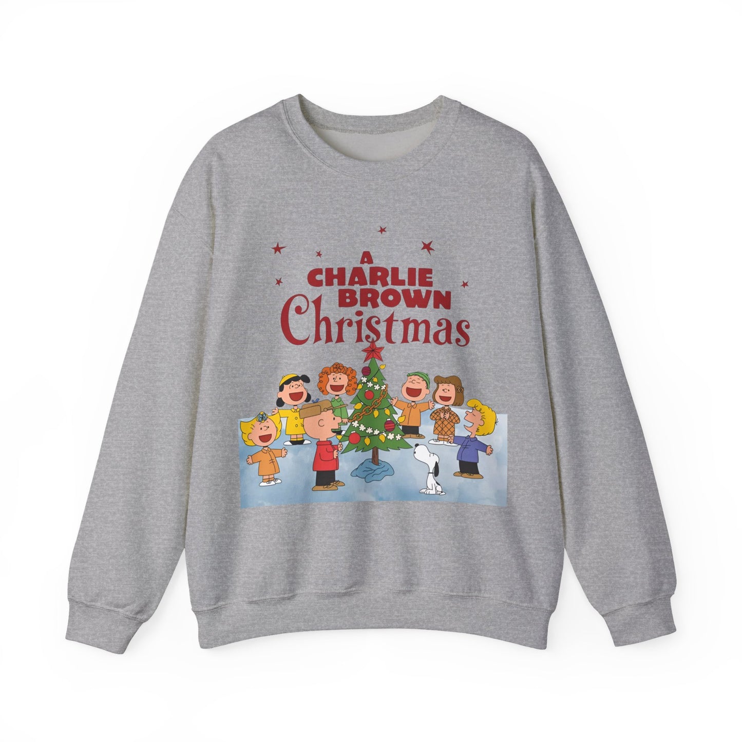 Gray sweatshirt with 'A Charlie Brown Christmas' graphic on a white background