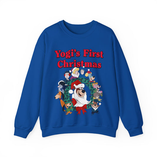 Blue sweatshirt with 'Yogi's First Christmas' text and cartoon characters on a white background