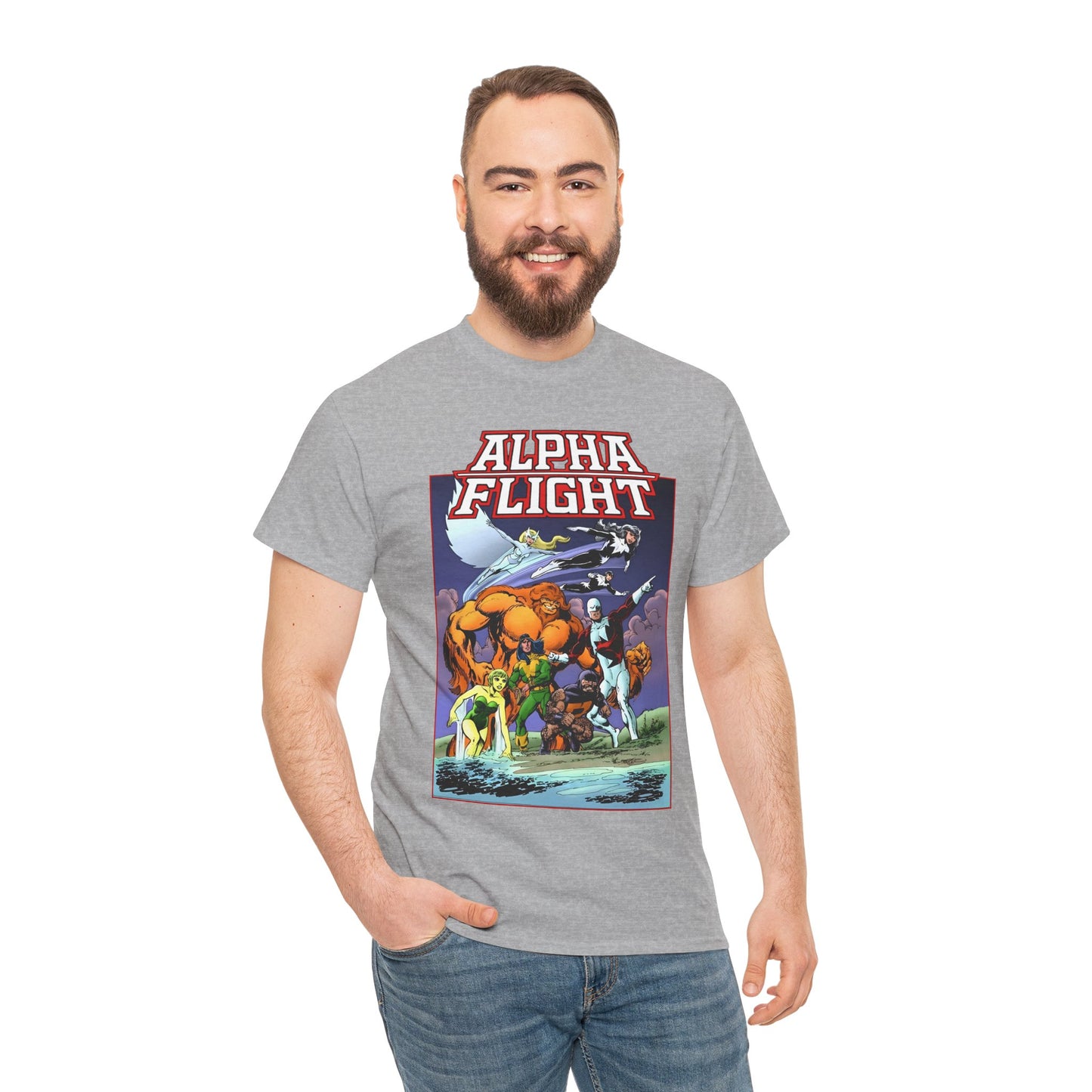 Alpha Flight T-Shirt - John Byrne Art - Guardian, Aurora, Northstar, Shaman, Snowbird, Puck - Marvel Comics - Canada's Super-Team