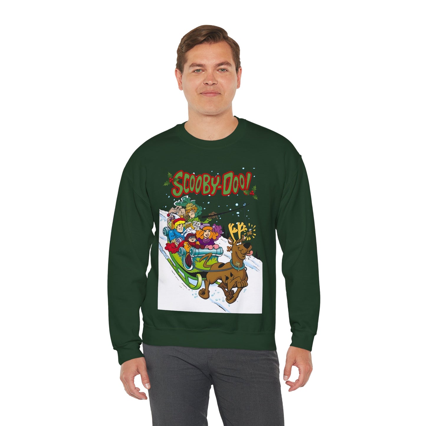 Scooby Doo Christmas Crewneck Sweatshirt - Shaggy, Daphne, Velma, Fred Sleighing Through the Snow