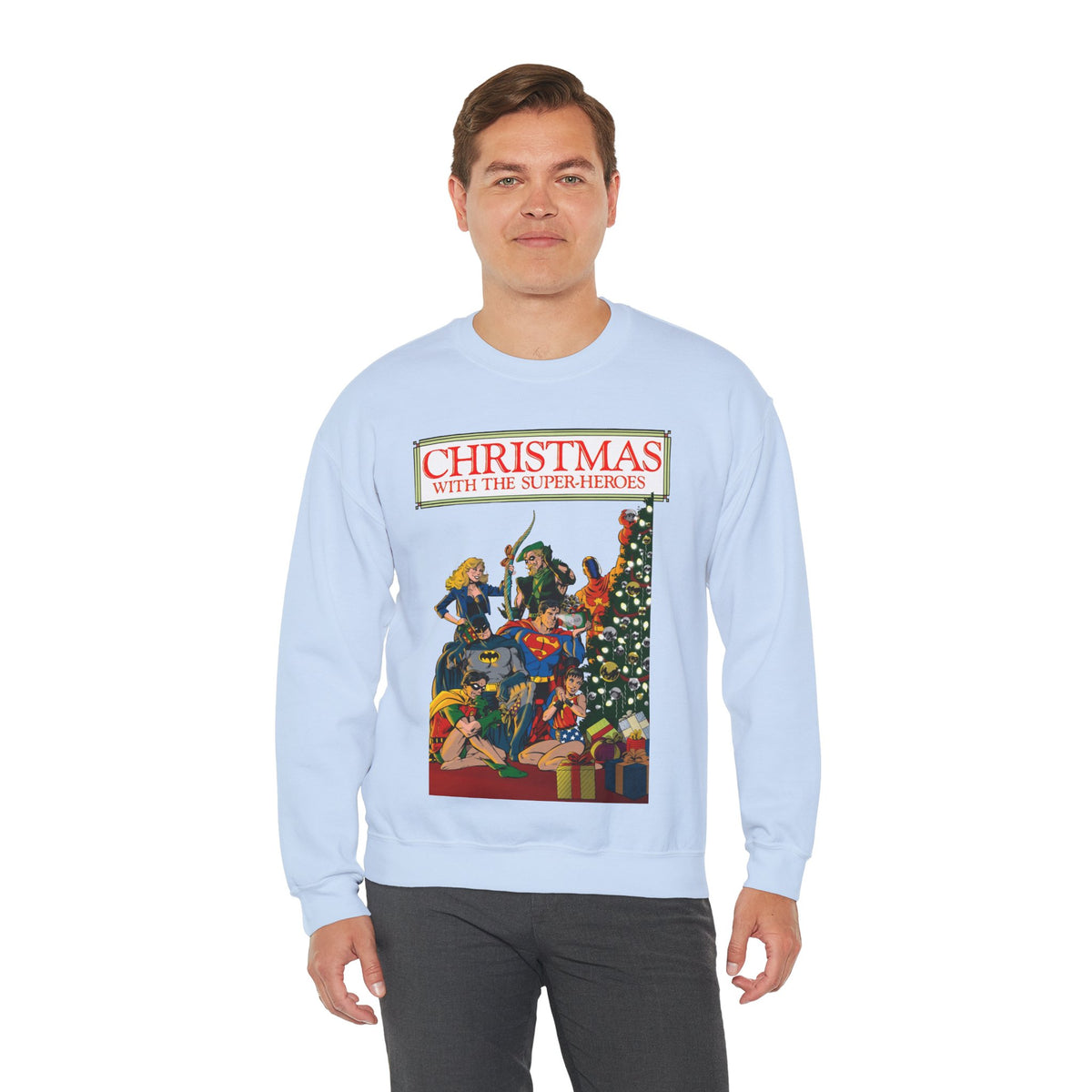 Christmas With the DC Super-Heroes Heavy Blend Crewneck Sweatshirt - Superman, Batman, Green Arrow, Black Canary - Festive Holiday Shirt