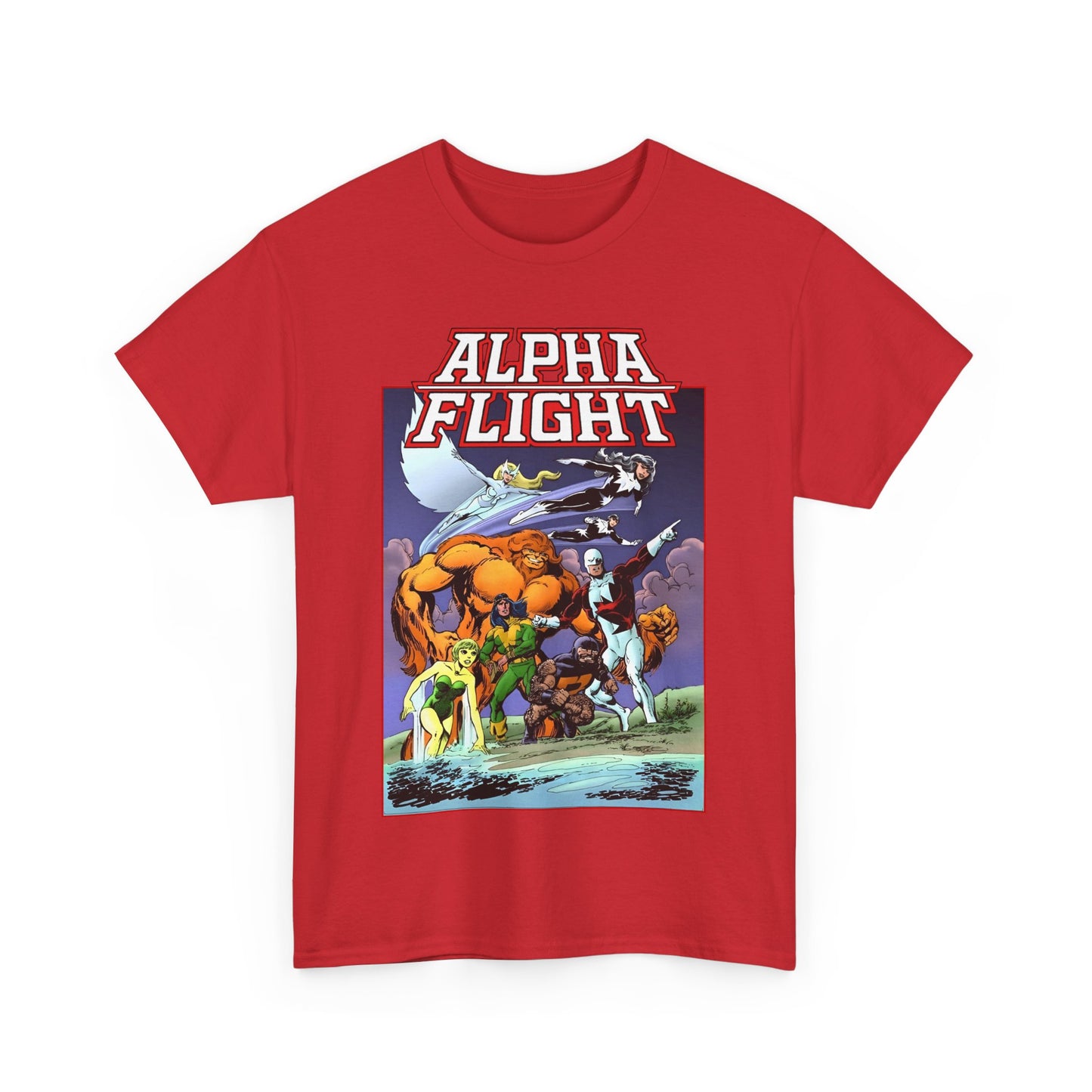 Alpha Flight T-Shirt - John Byrne Art - Guardian, Aurora, Northstar, Shaman, Snowbird, Puck - Marvel Comics - Canada's Super-Team
