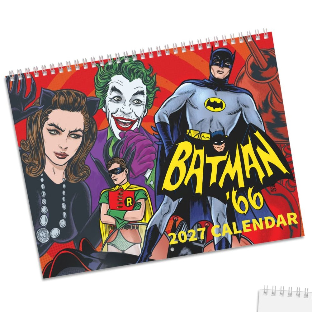 A spiral-bound 2027 Batman calendar shown from two angles: the front cover features colorful comic-style artwork with Batman, Joker, and other characters, and the back is plain white with a small matching cover sticker in the lower left corner.